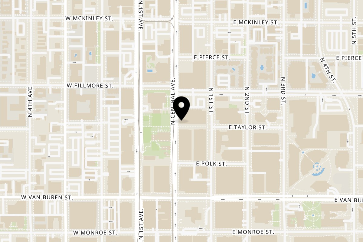 Map showing the location of Bowl of Greens Fine Salads on 555 N Central Ave Suite 102 in Phoenix